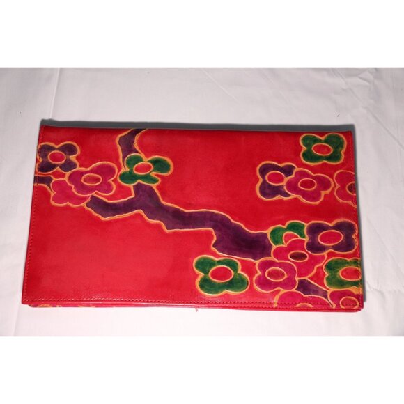 Vintage Handmade Leather Clutch Purse Red With Flowers Made In India 1970's - Picture 1 of 5